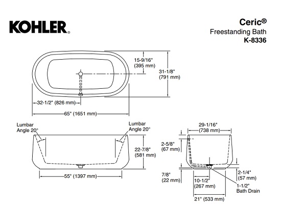 Bản Vẽ Bồn Tắm Lithocast Kohler K-8336T-0