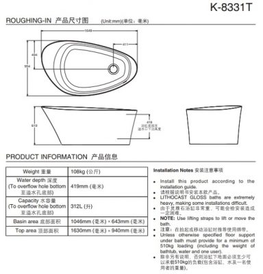 Bản Vẽ Bồn Tắm Lithocast Kohler K-8331T-0