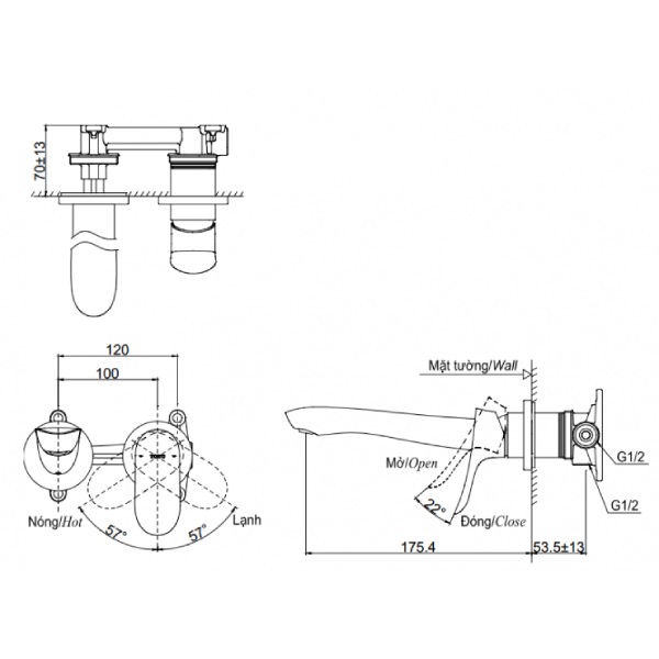 Vòi Lavabo TOTO TLG01311B Nóng Lạnh Gắn Tường 3 Vòi Lavabo TOTO TLG01311B Nóng Lạnh Gắn Tường