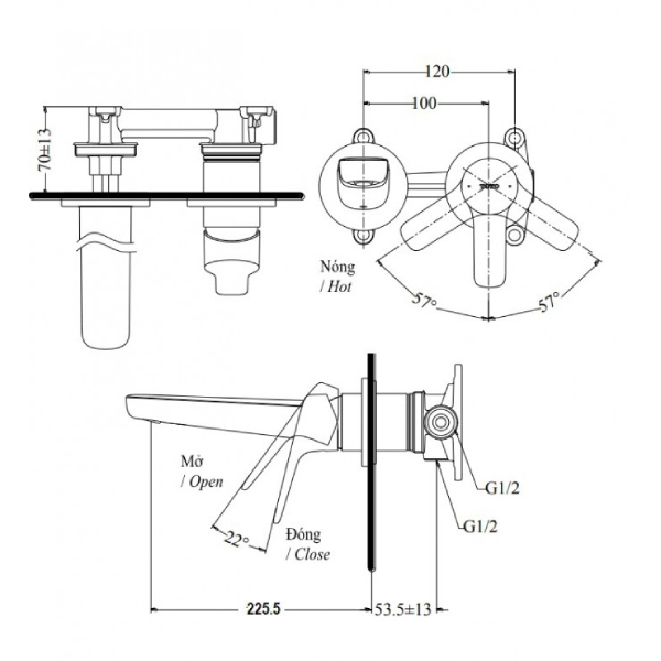 Vòi Lavabo TOTO TLG03308BB Nóng Lạnh Gắn Tường