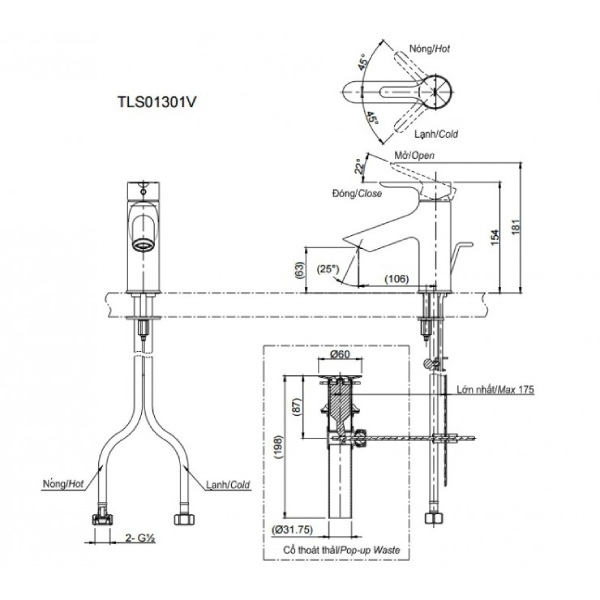 Vòi Lavabo Toto TLS01301V Nóng Lạnh 3 Vòi Lavabo Toto TLS01301V Nóng Lạnh