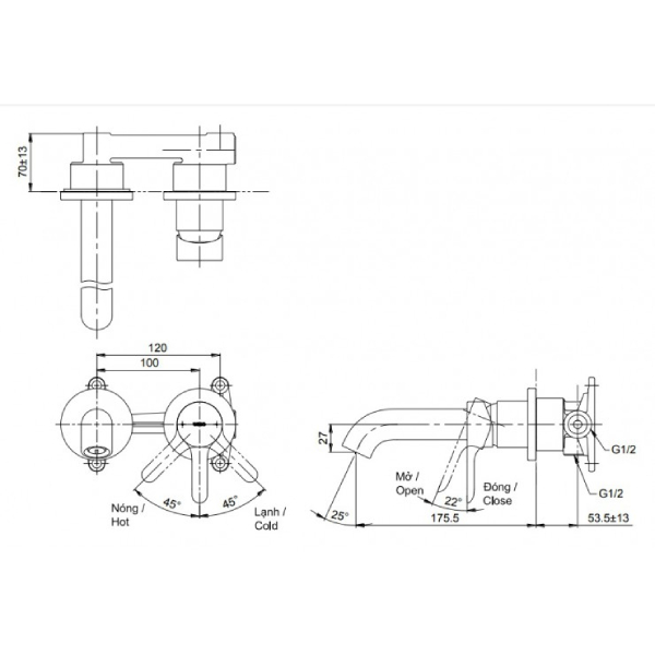Vòi lavabo Toto TLS01309B gắn tường