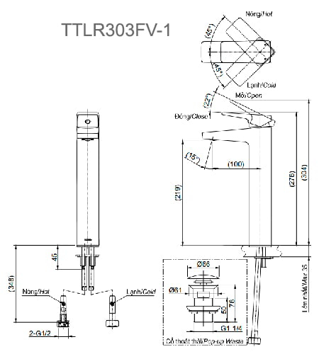 Vòi Lavabo TOTO TTLR303FV-1 Nóng lạnh 