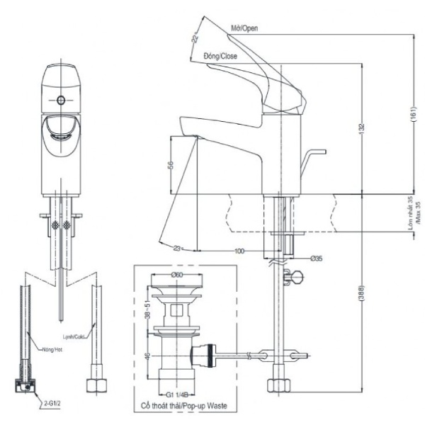 Vòi Lavabo TOTO TVLM105CR Nóng Lạnh 3 Vòi lavabo TOTO TVLM105CR nóng lạnh