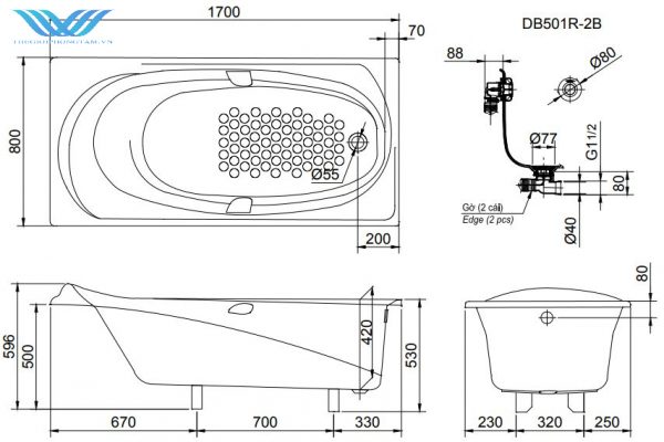 Bồn Tắm Toto PPY1710HPE#P/DB501R-2B Ngọc Trai 3 Bồn Tắm Toto PPY1710HPE#P/DB501R-2B Ngọc Trai