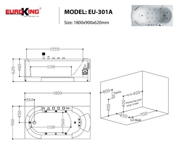 Bồn Tắm Euroking EU-301A Massage 2 bon tam euroking eu 301a massage 3 600x532 1
