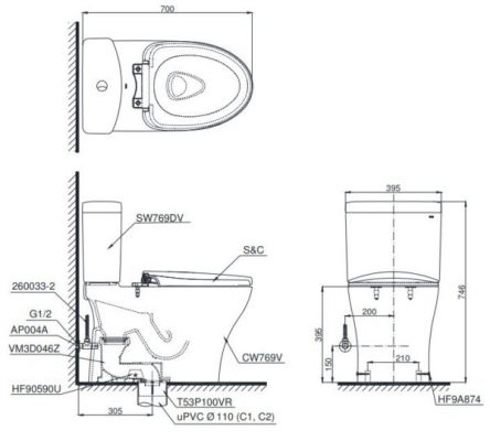 BỒN CẦU TOTO CS769DRW6 1 ban-ve-bon-cau-toto-cs769dt8-600x540