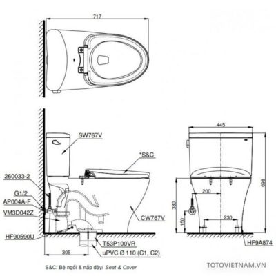 Bồn Cầu 2 Khối TOTO CS767W6 Nắp WASHLET 1 ban-ve-ki-thuat-bon-cau-toto-cs767w6