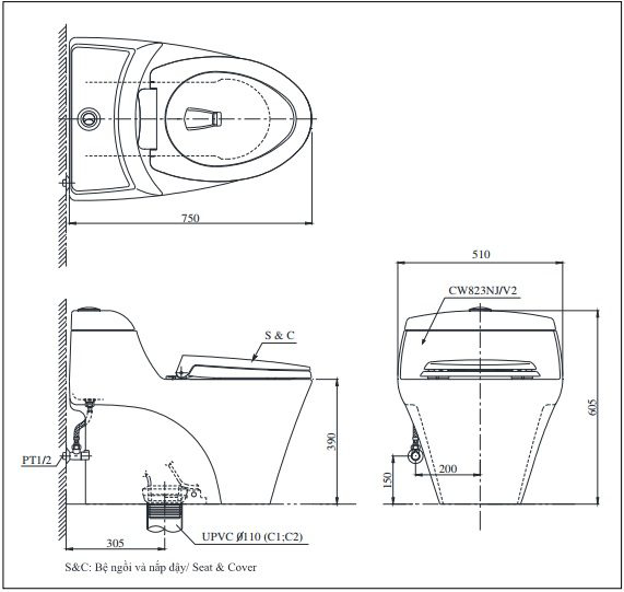 Bồn Cầu 1 Khối Toto CW823NW/F 4 Bản vẽ Bồn Cầu 1 Khối Toto CW823NW/F