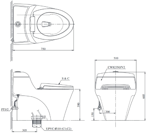 Bồn Cầu 1 Khối Toto CW823NW/FE2