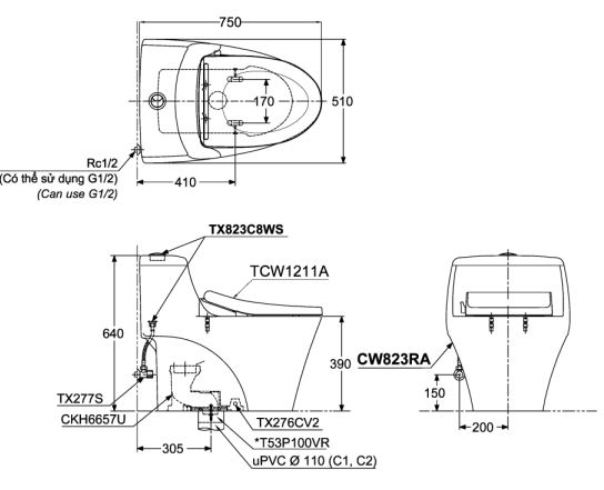 Bồn Cầu 1 Khối Toto CW823RAE4 2 Bản vẽ Bồn Cầu 1 Khối Toto CW823RAE4