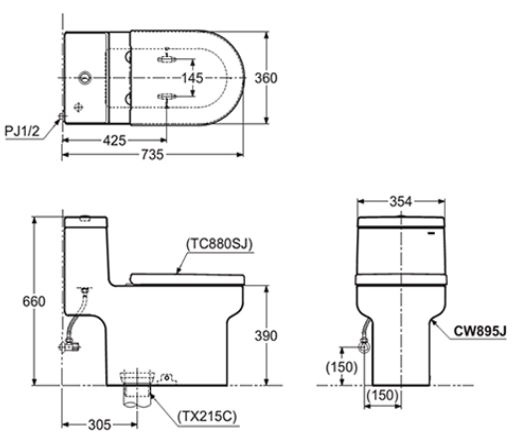 Bản vẽ kỹ thuật bồn cầu 1 khối TOTO CW895JW/F