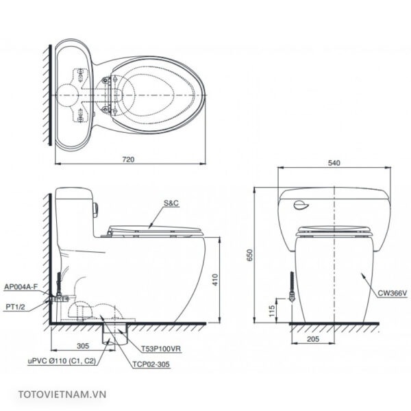 Bồn cầu 1 khối TOTO MS366E2