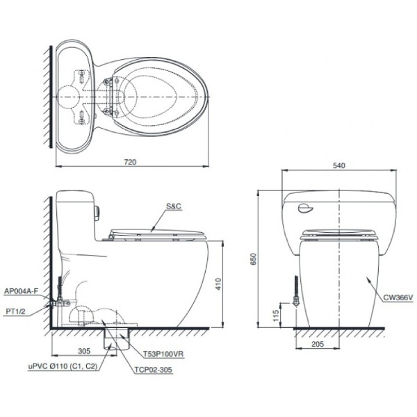 Bản vẽ bồn cầu 1 khối TOTO MS366T7