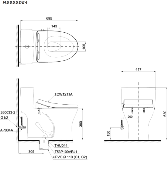 Bồn Cầu 1 Khối Toto MS855DE4 3 bồn cầu 1 khối toto MS855DE4