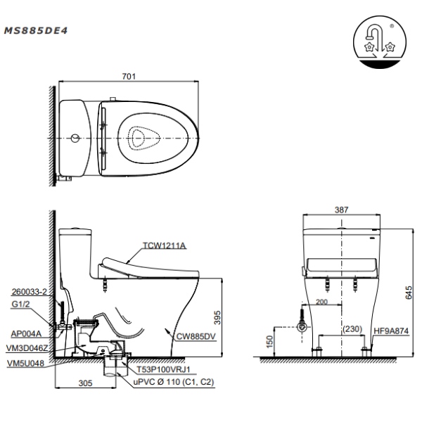 Bồn Cầu 1 Khối Toto MS885DE4 3 Toto MS885DE4