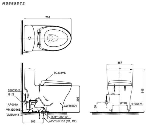 Bản vẽ kỹ thuật Bồn cầu 1 khối TOTO MS885DT2