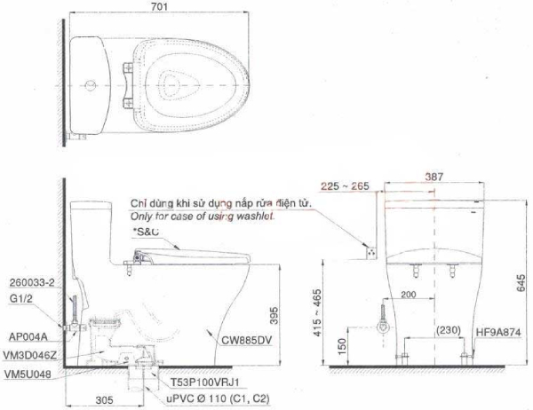kích thước lắp đặt bồn cầu 1 khối Toto MS885DT
