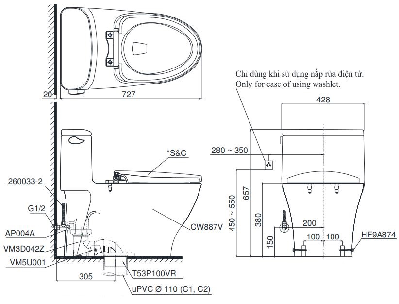 Bản vẽ bồn cầu Toto MS887E4