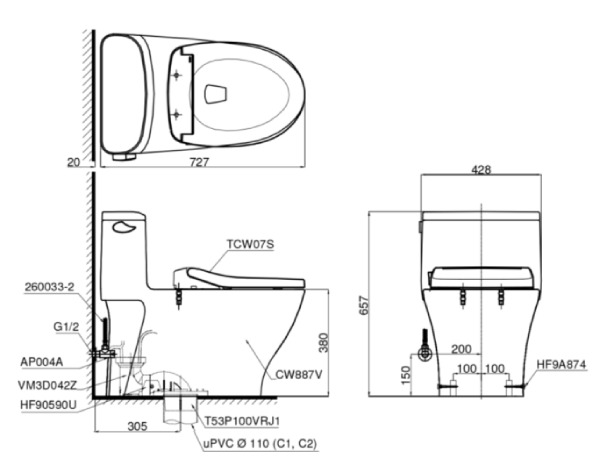 Bồn Cầu 1 Khối Toto MS887RE2 3 Bồn cầu TOTO MS887RE2