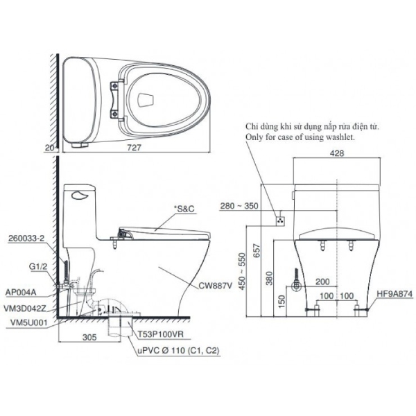 Bồn Cầu 1 Khối Toto MS887RT8 4 kích thước lắp đặt bồn cầu TOTO MS887RT8