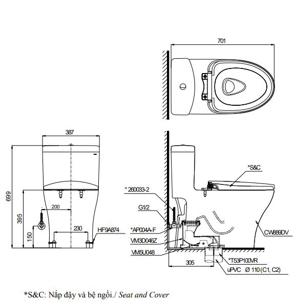 Bản vẽ kỹ thuật TOTO MS889DE2
