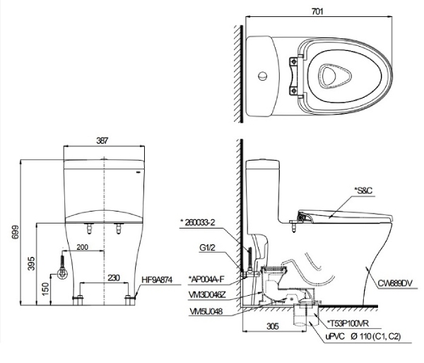 Bản vẽ Bồn Cầu 1 Khối Toto MS889DRT2