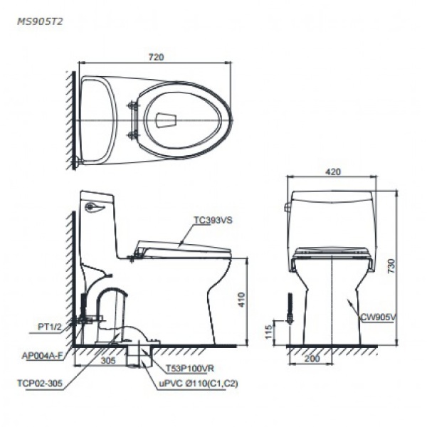 bồn cầu 1 khối TOTO MS905T2