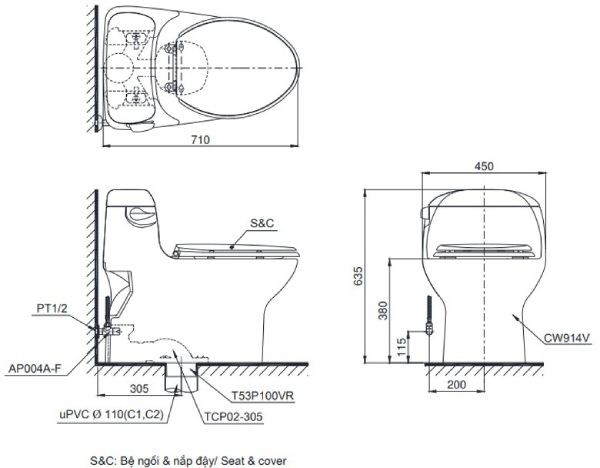 bản vẽ bồn cầu 1 khối TOTO MS914RT8
