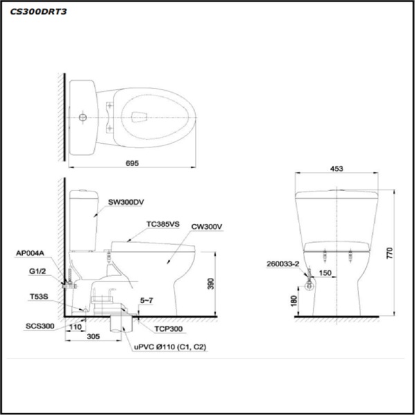 Bồn Cầu 2 Khối Toto CS300DRT3 4 bồn cầu 2 khối CS300DRT3