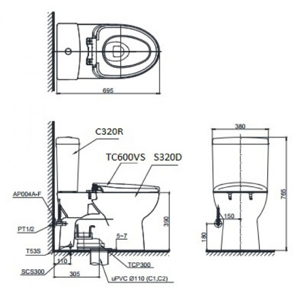 Kích thước Bồn Cầu 2 Khối Toto CS320DRT8 