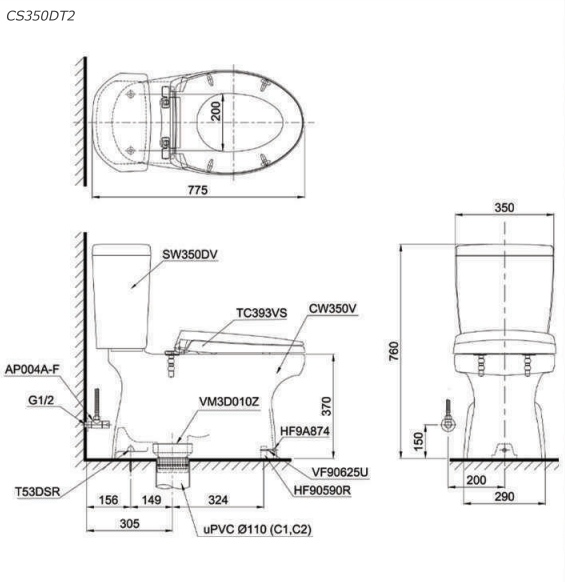 Bồn Cầu 2 Khối Toto CS350DT2
