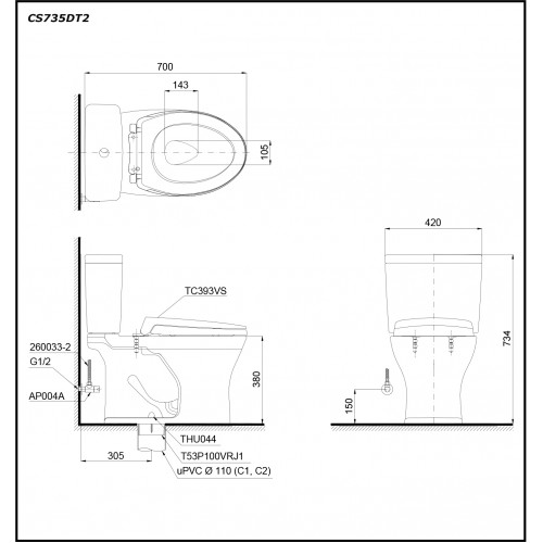 Bồn Cầu 2 Khối Toto CS735DT2 3 Toto CS735DT2