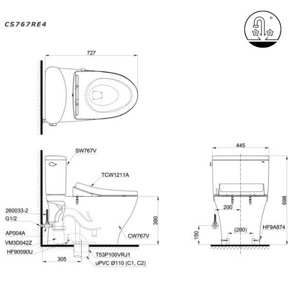 Bồn Cầu 2 Khối Toto CS767RE4 3 Bồn Cầu 2 Khối Toto CS767RE4
