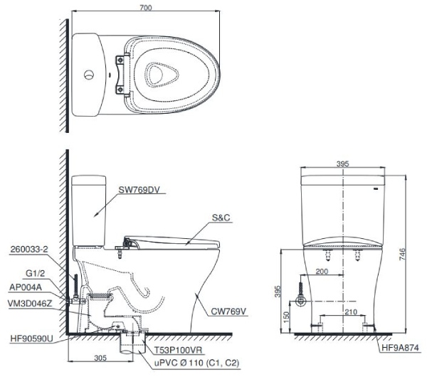 Bồn Cầu 2 Khối Toto CS769DRE4 3 TOTO CS769DRE4