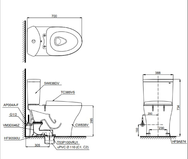 Bản vẽ bồn cầu Toto CS838DT3