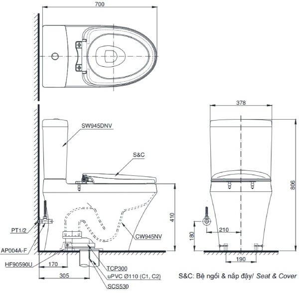 Bồn Cầu 2 Khối Toto CS945DNT3 4 kích thước bồn cầu Toto CS945DNT3