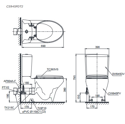 Kích thước Bồn Cầu 2 Khối Toto CS945PDT2