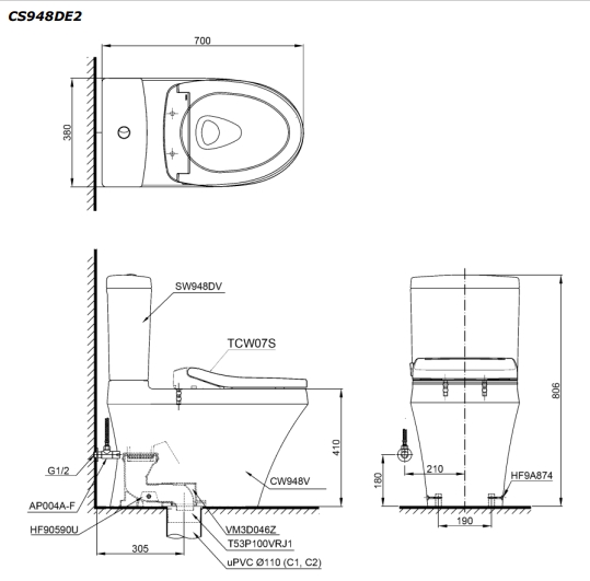Bồn cầu 2 khối TOTO CS948DE2