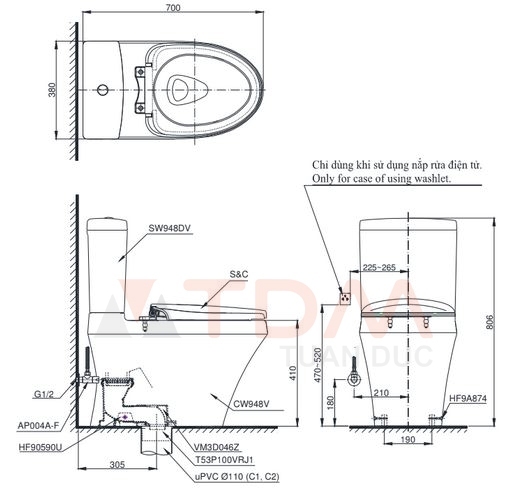 Bồn Cầu 2 Khối Toto CS948DE4