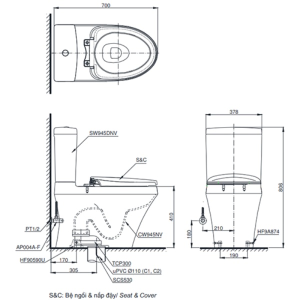 bản vẽ bồn cầu Toto CS948DT8