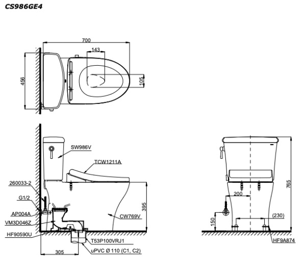 Bồn cầu 2 khối Toto CS986GE4