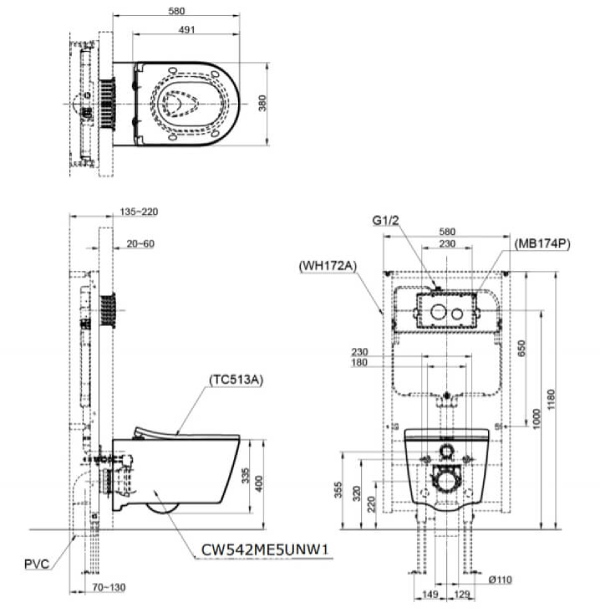 Bồn Cầu Treo Tường Toto CW542ME5UNW1 3 TOTO CW542ME5UNW1