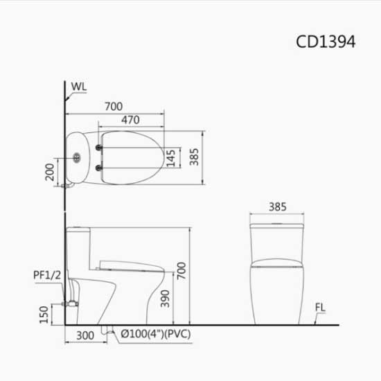 Bồn Cầu 1 Khối Caesar CD1394 Nắp Êm 4 Kích thước bồn cầu 1 khối Caesar CD1394 nắp êm