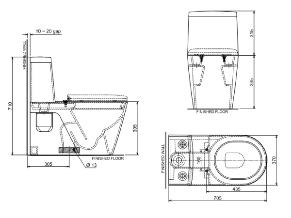 Kích thước Bồn cầu 1 khối Hafele Saturn 588.64.403