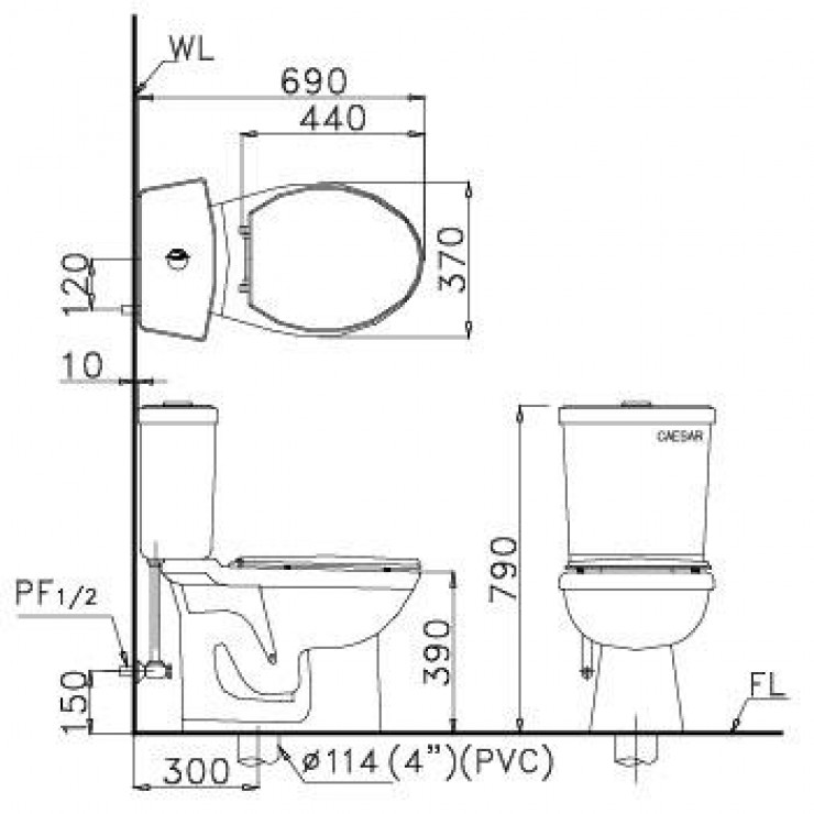 Kích thước Bồn Cầu 2 Khối Caesar CD1325