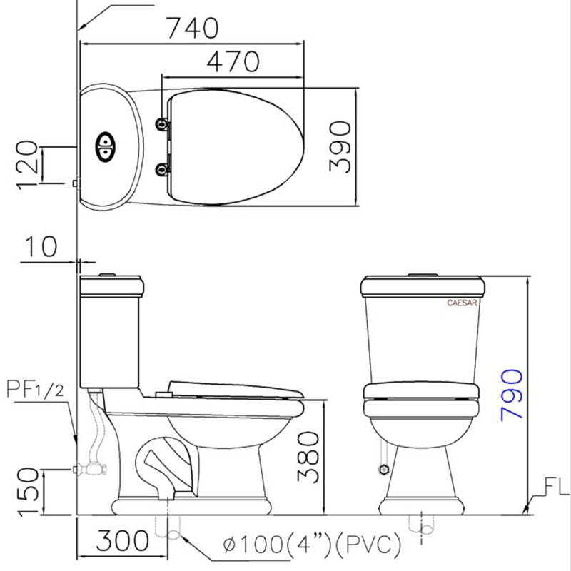 Bồn cầu 2 khối Caesar CD1331 nắp êm