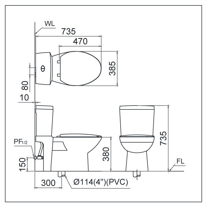 Bồn Cầu 2 Khối Caesar CD1340 Nắp Êm 4 Kích thước Bồn Cầu 2 Khối Caesar CD1340 Nắp Êm