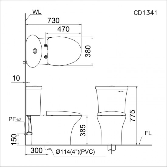 Kích thước Bồn cầu 2 khối Caesar CD1341/TAF050 nắp rửa cơ