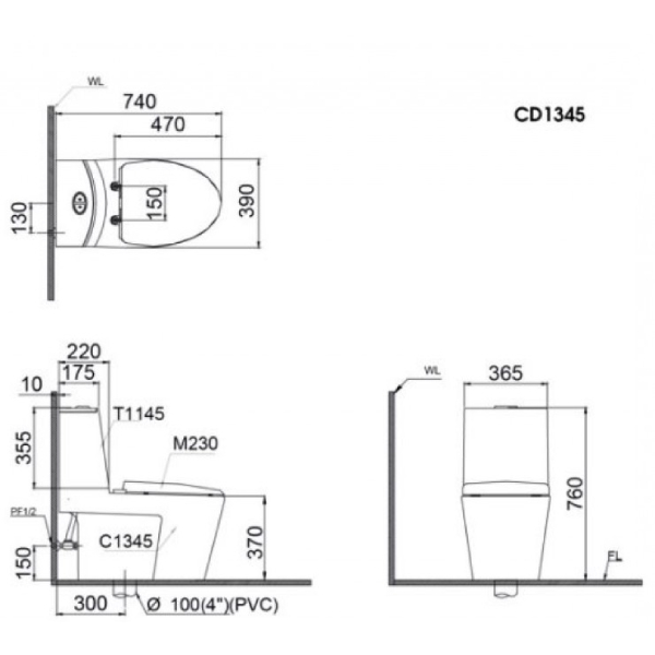 Kích thước lắp đặt Bồn cầu 2 khối Caesar CD1345/TAF050 nắp rửa cơ